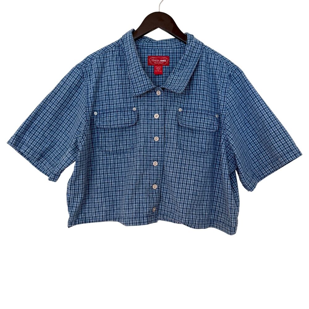 Vintage 90s Denim Blue Plaid Cropped Button Down